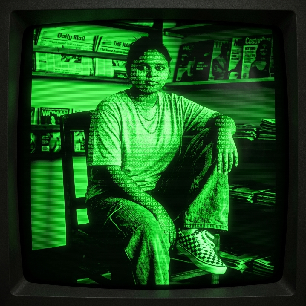 CRT retro monochrome portrait of Anusha Gond